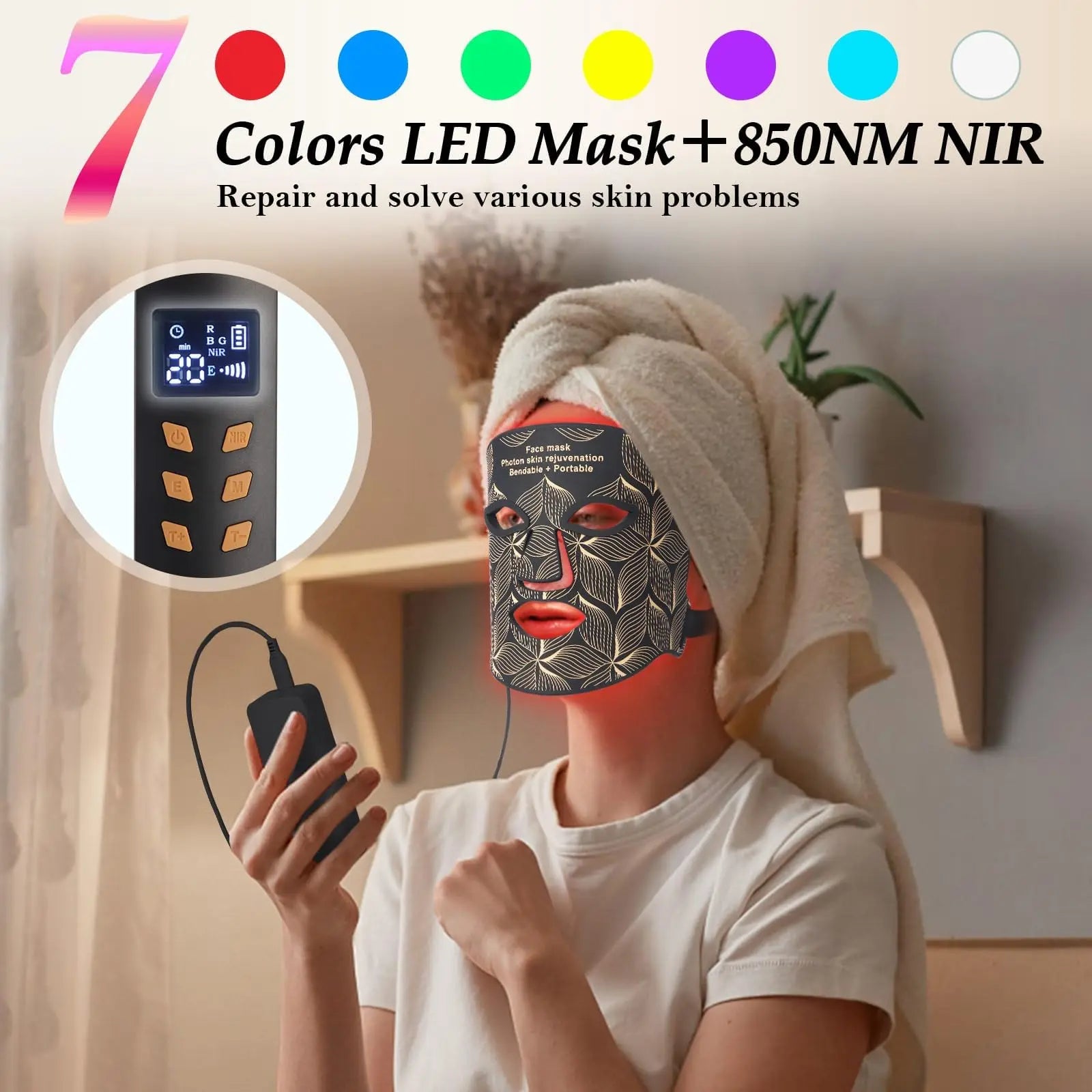 8-Color LED Light Therapy Mask for Face & Neck - Red Light Therapy for Anti-Aging & Acne Care