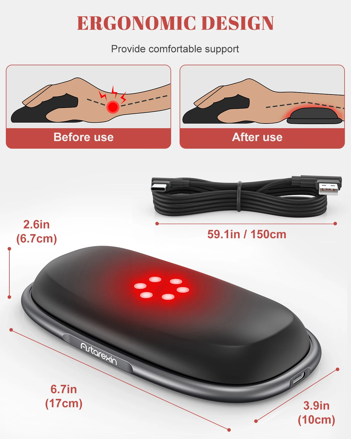 Red Light Therapy Wrist Rest for Mouse & Keyboard, 660nm 850nm Infrared Ergonomic Silicone Pad for Tenosynovitis Relief
