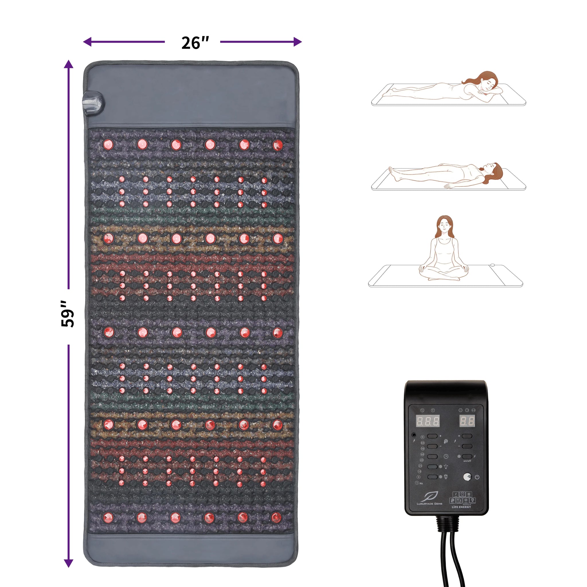 PEMF Infrared Therapy Mat 66x148cm | 8 Crystal Gemstones | 114-LED Red & NIR Light | 6 PEMF Coils | Large Body Massage Mattress