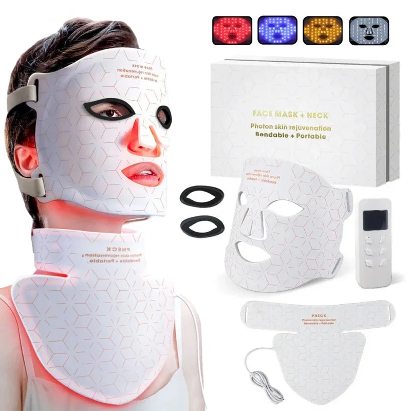 4-Color LED & Near Infrared Silicone Face & Neck Mask - Anti-Aging, Rejuvenation & Skin Repair for Home SPA