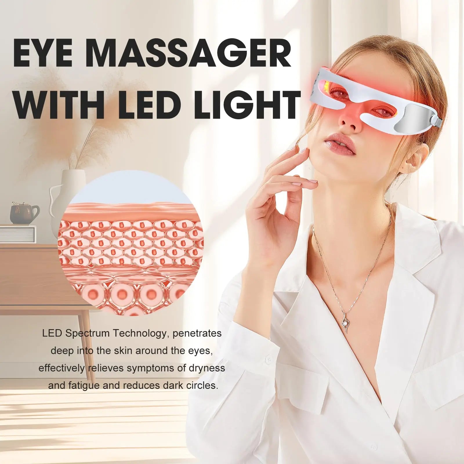 Red Light Therapy Eye Massager, Vibration LED Eye Mask for Dark Circles, Fine Lines & Wrinkle Removal Beauty Device