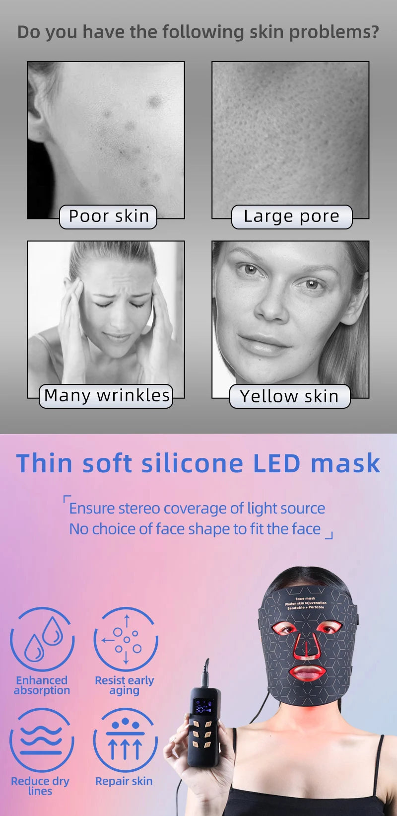 4-Color Silicone LED Face Mask, 850nm Near-Infrared & Red Light Therapy Device, 3000mAh Rechargeable Beauty Mask (240 LEDs)