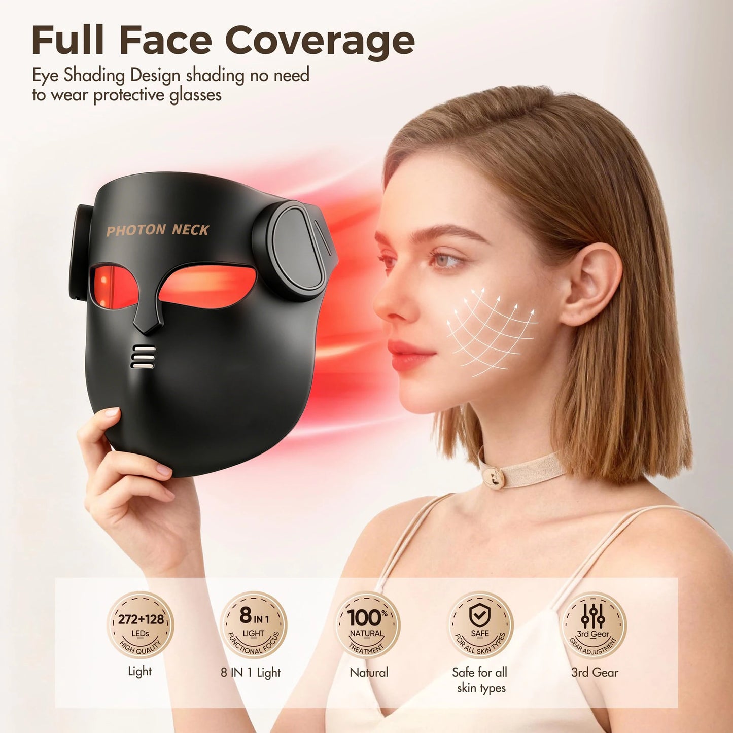 8-Color LED & Near Infrared Light Therapy Face & Neck Mask - Silicone Anti-Aging, Acne & Wrinkle Reduction Device