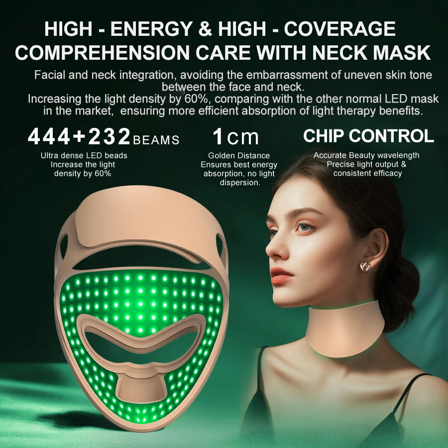 Infrared LED Face & Neck Mask - 676 Beams Red & Green Light Therapy for Dark Spots & Anti-Aging