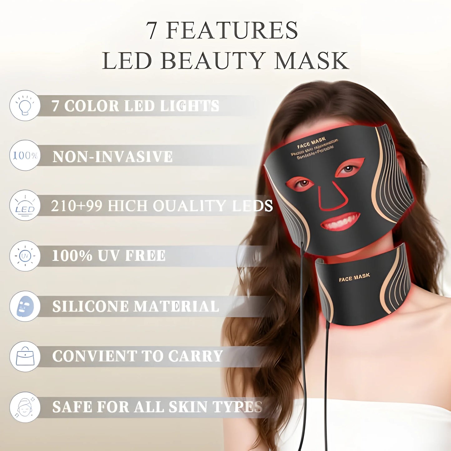 7 Color Silicone LED Face Mask, 309 LEDs Red Light Therapy Device for Anti-Aging, Skin Rejuvenation & Wrinkle Removal
