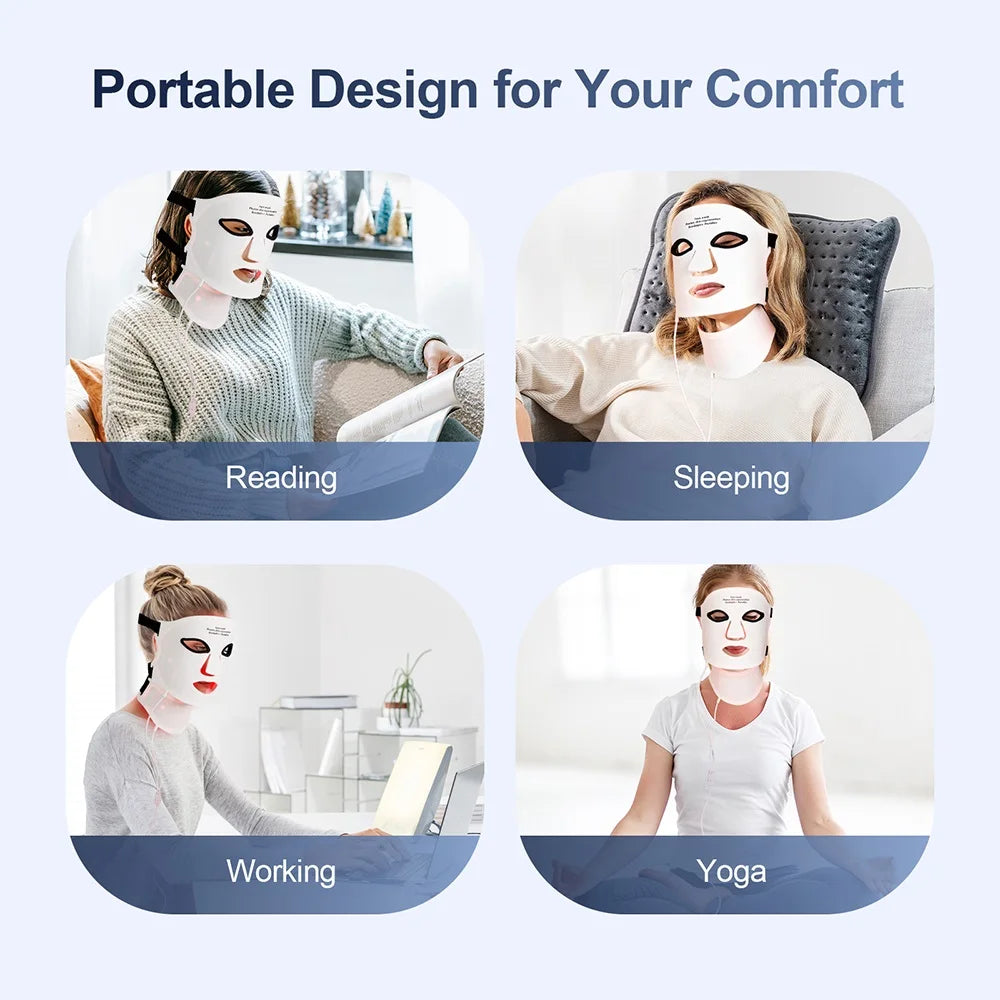7-Color Wireless Silicone LED Mask for Face & Neck - 309 Light Beams Red Light Therapy for Anti-Aging