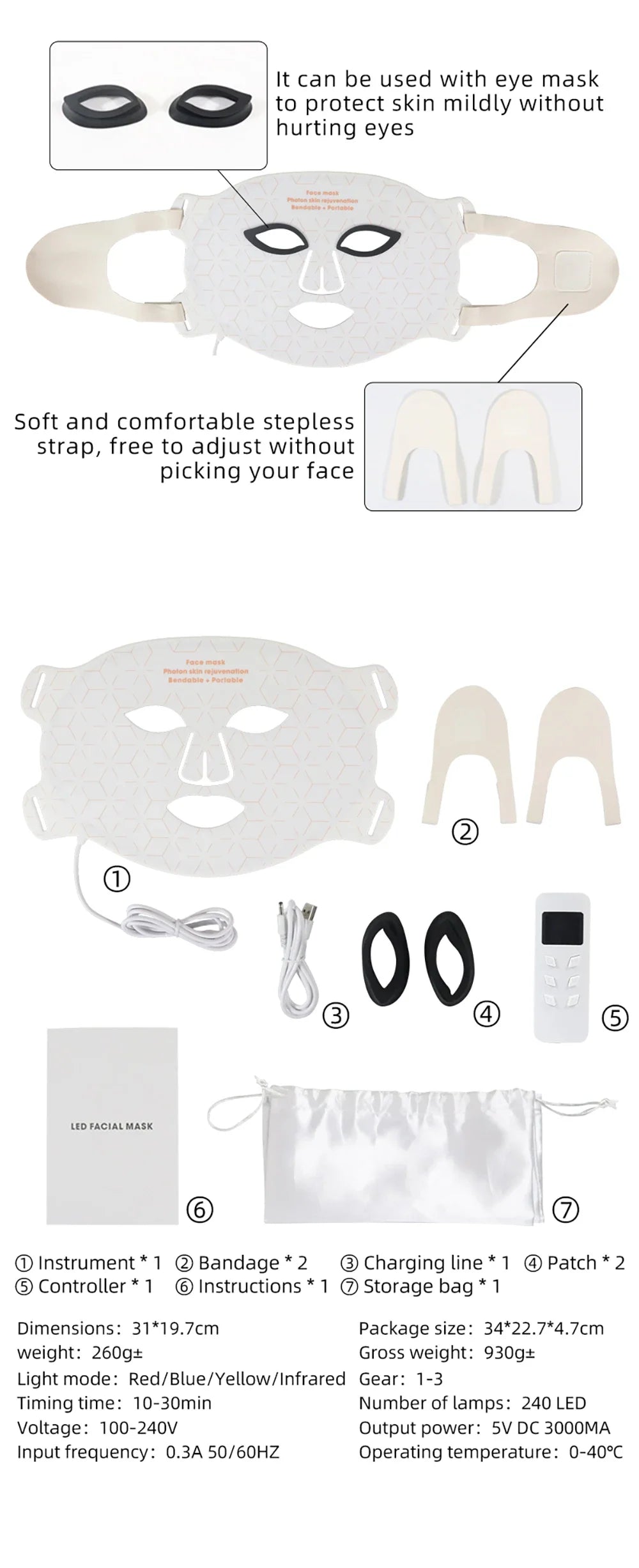 4-Color LED & Near Infrared Silicone Face & Neck Mask - Anti-Aging, Rejuvenation & Skin Repair for Home SPA