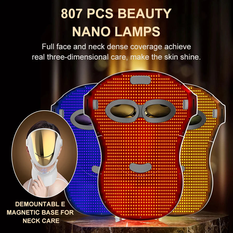 Professional 807 LED Face & Neck Light Therapy Mask - Infrared & 3-Color Therapy for Anti-Aging & Acne