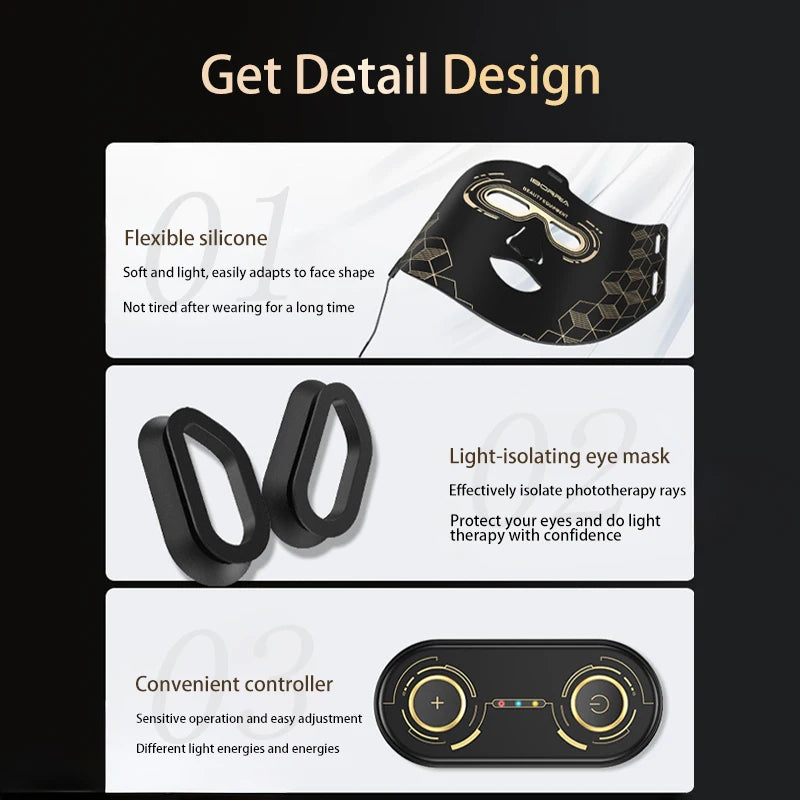 3 Colors LED Light Therapy Face Mask, 288 Beams 850nm Near-Infrared Photon Mask for Anti-Aging & Skin Rejuvenation