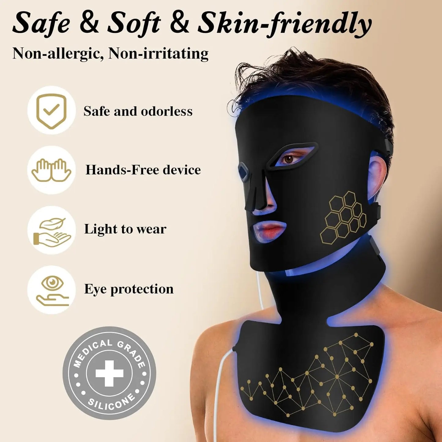 Rechargeable Red & Near Infrared LED Light Therapy Face & Neck Mask - 4 Modes for Anti-Aging, Skin Tightening & Rejuvenation