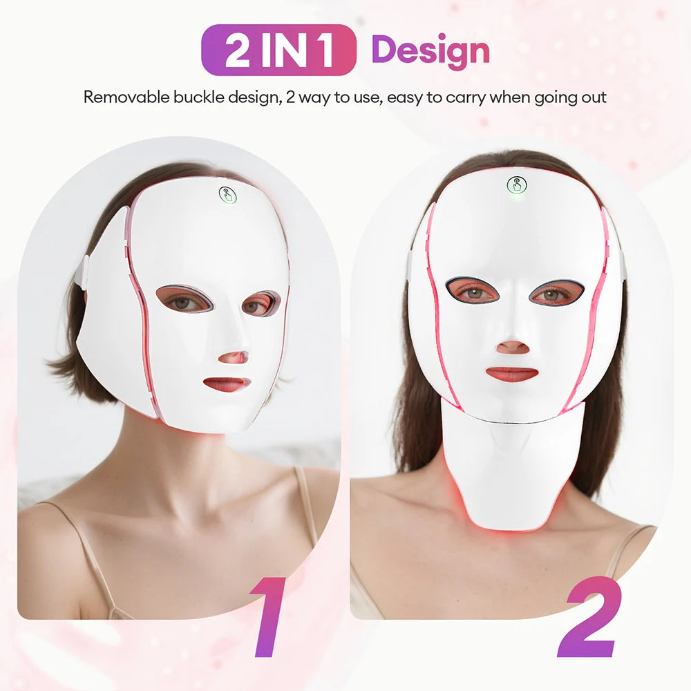 Wireless 7-Color LED Photon Therapy Face & Neck Mask - Rechargeable Facial Lifting & Skin Care Tool for Anti-Aging & Acne