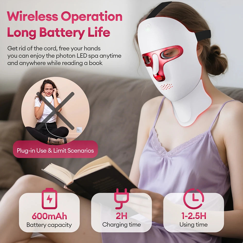 Wireless 7-Color LED Photon Therapy Face & Neck Mask - Rechargeable Facial Lifting & Skin Care Tool for Anti-Aging & Acne