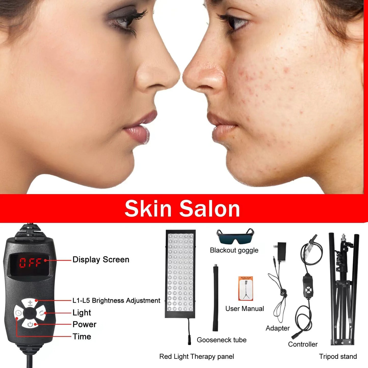 Dual Chip Red Light Therapy Lamp with Stand, 660nm 850nm Infrared Device with Pulse Mode for Pain Relief & Skin Care