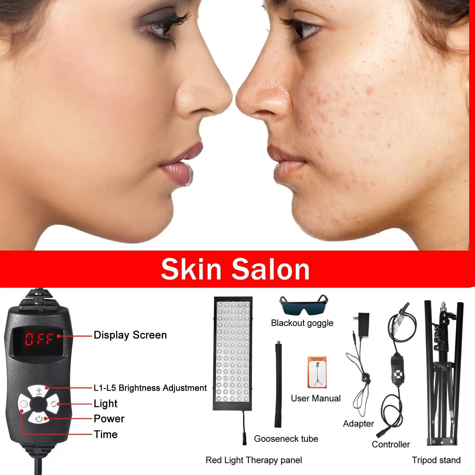 Dual Chip Red Light Therapy Lamp with Stand, 660nm 850nm Infrared Device with Pulse Mode for Pain Relief & Skin Care