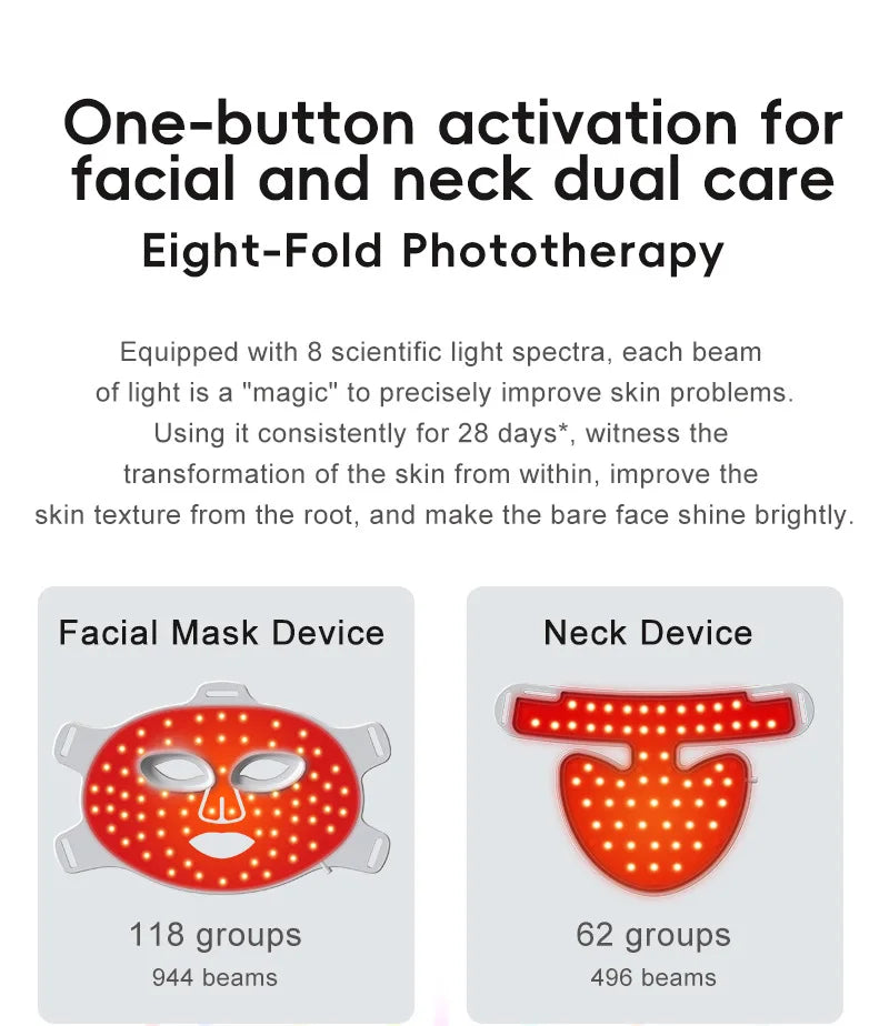 8-Color LED Face & Neck Light Therapy Mask - Professional Red Light & NIR Therapy for Anti-Aging