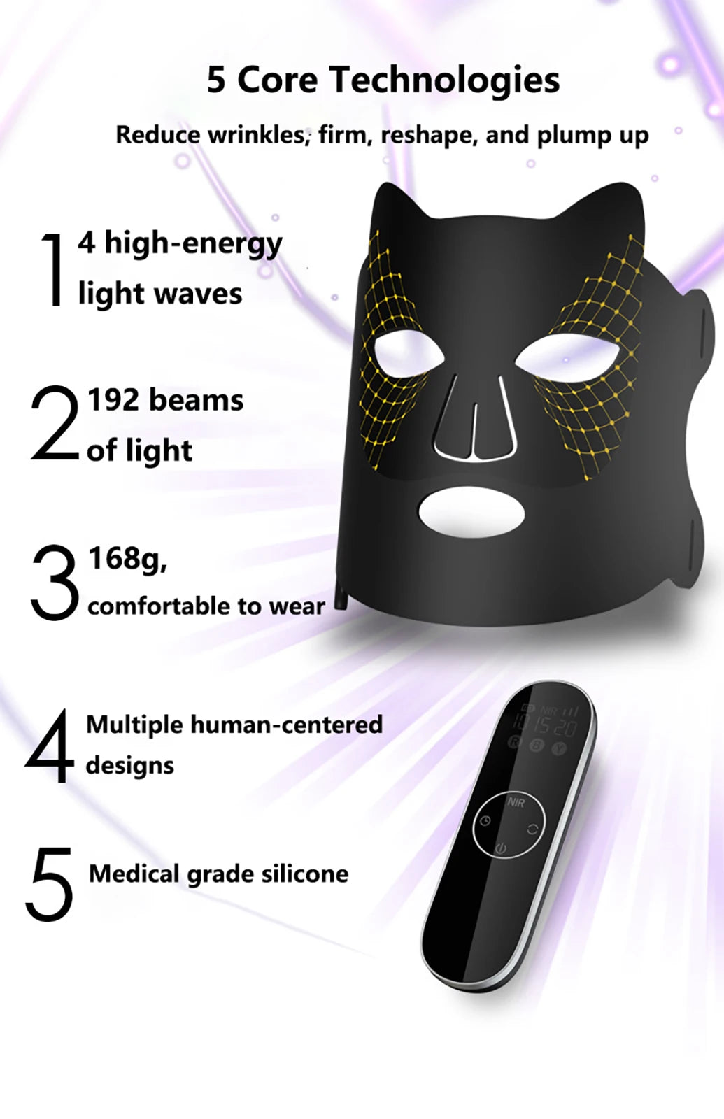 4-Color LED & Near Infrared Light Therapy Face Mask - 192 LEDs, Rechargeable with Timer - Anti-Aging & Balanced Skin for Home & Travel