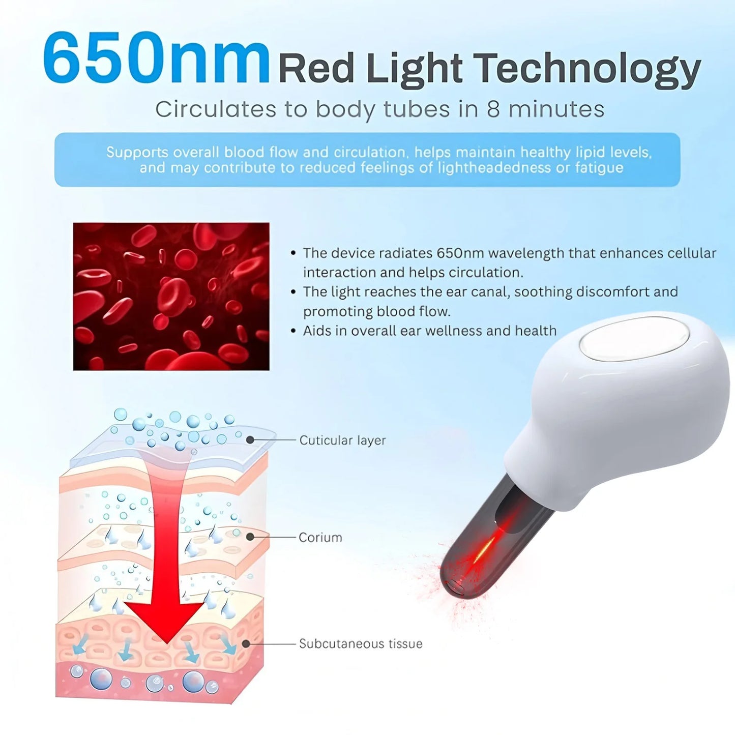 650nm Red Light Laser Ear Therapy Device, Infrared Ear Canal Irradiation for Tinnitus Relief & Otitis Media Treatment
