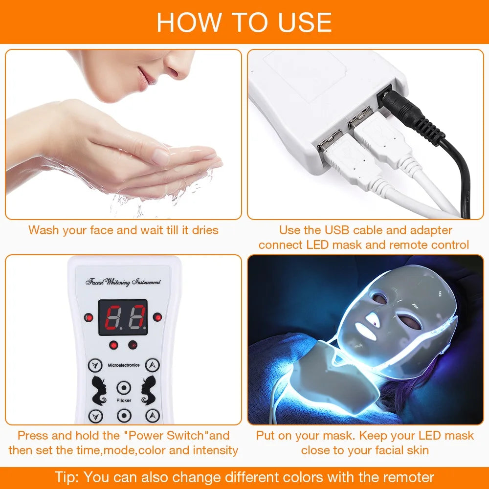 7 Colors LED Light Therapy Face Mask - Photon Rejuvenation & Skin Brightening Facial Care Tool - Home Use Beauty Device