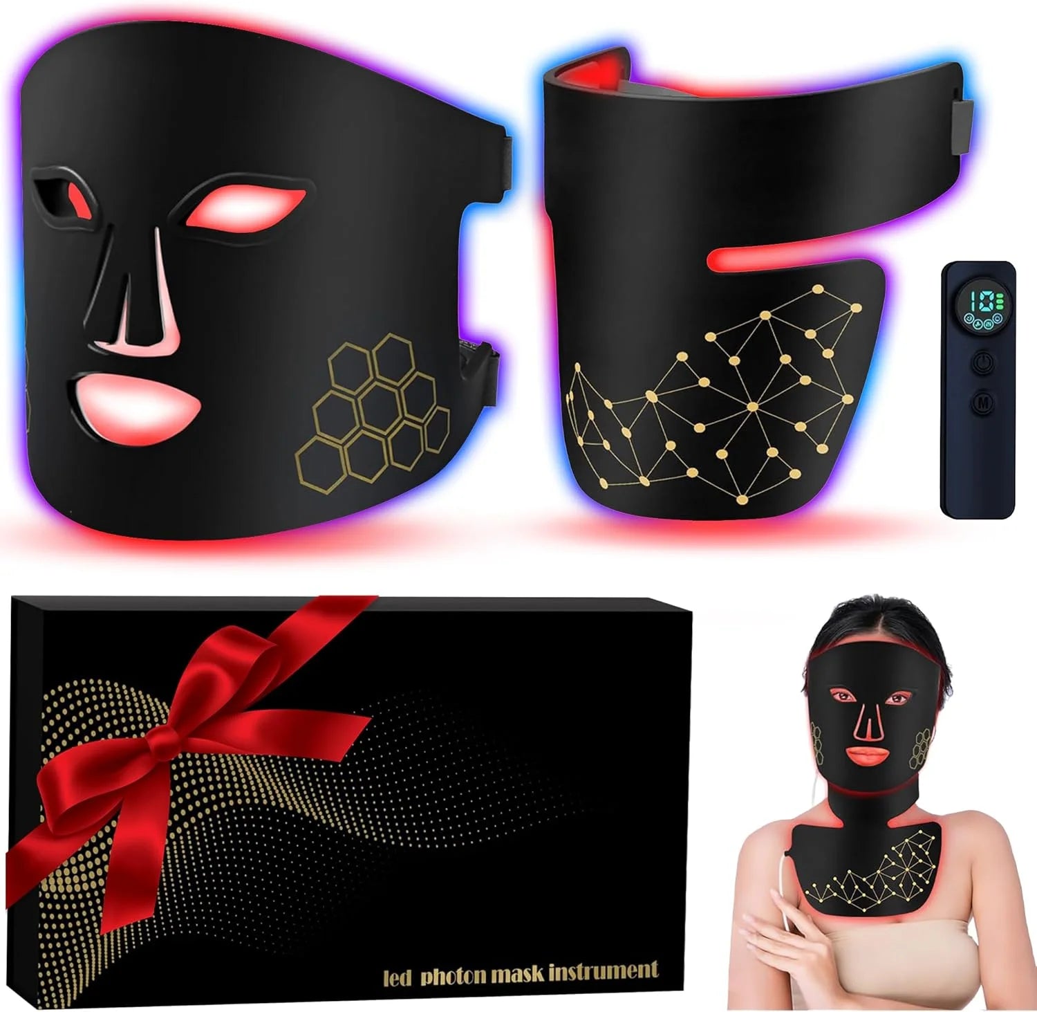 Rechargeable Red & Near Infrared LED Light Therapy Face & Neck Mask - 4 Modes for Anti-Aging, Skin Tightening & Rejuvenation