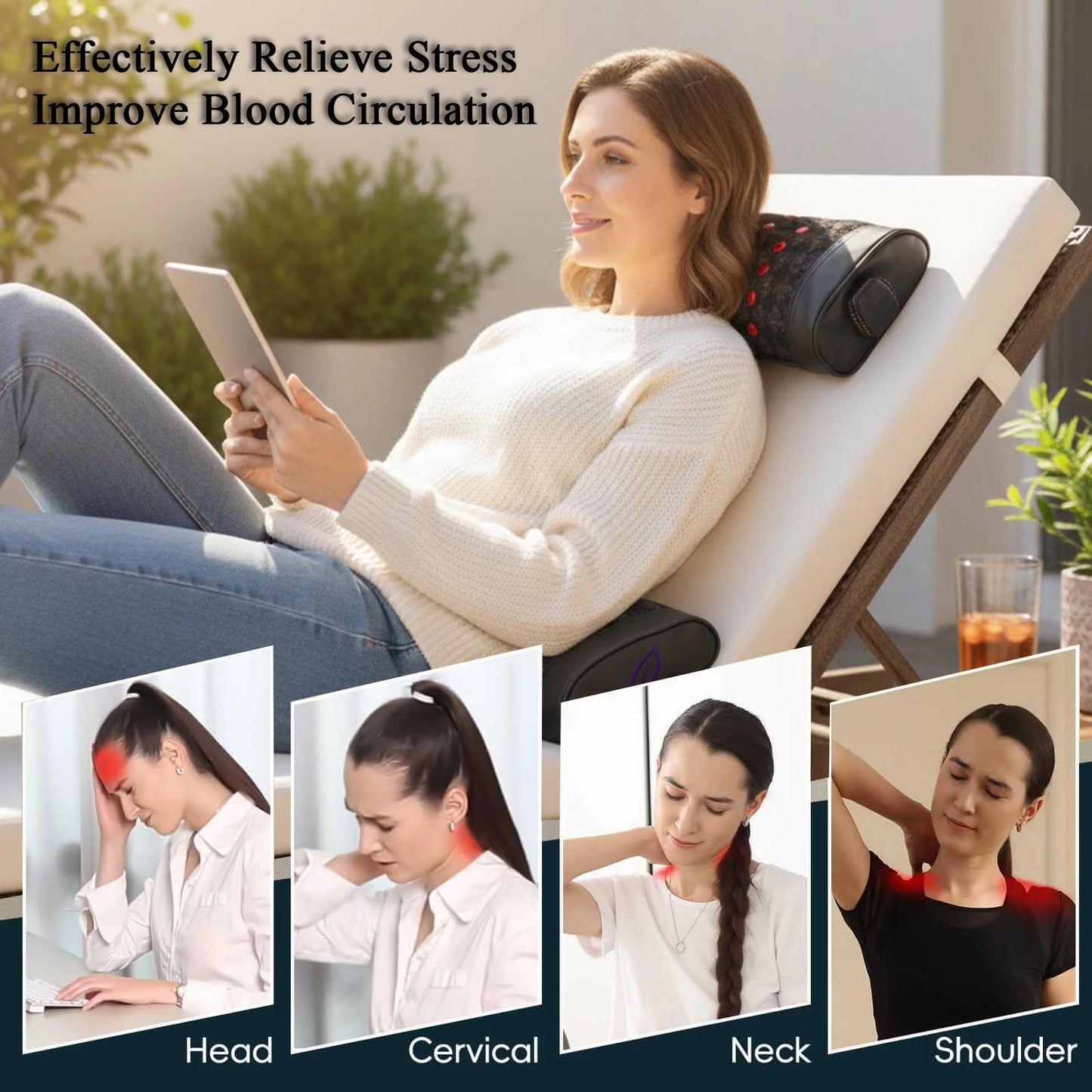 PEMF Infrared Therapy Pillow 50x20x10cm | Amethyst 7-Crystal Gemstones | 28-LED Red Light | 1 PEMF Coil | Neck & Head Massage Pillow