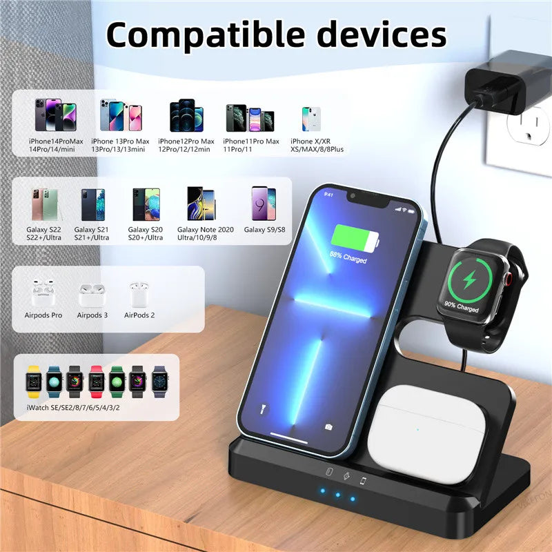 3-in-1 Wireless Charger Stand for iPhone 15/14/13, Samsung S22/S21, Galaxy Watch & Buds