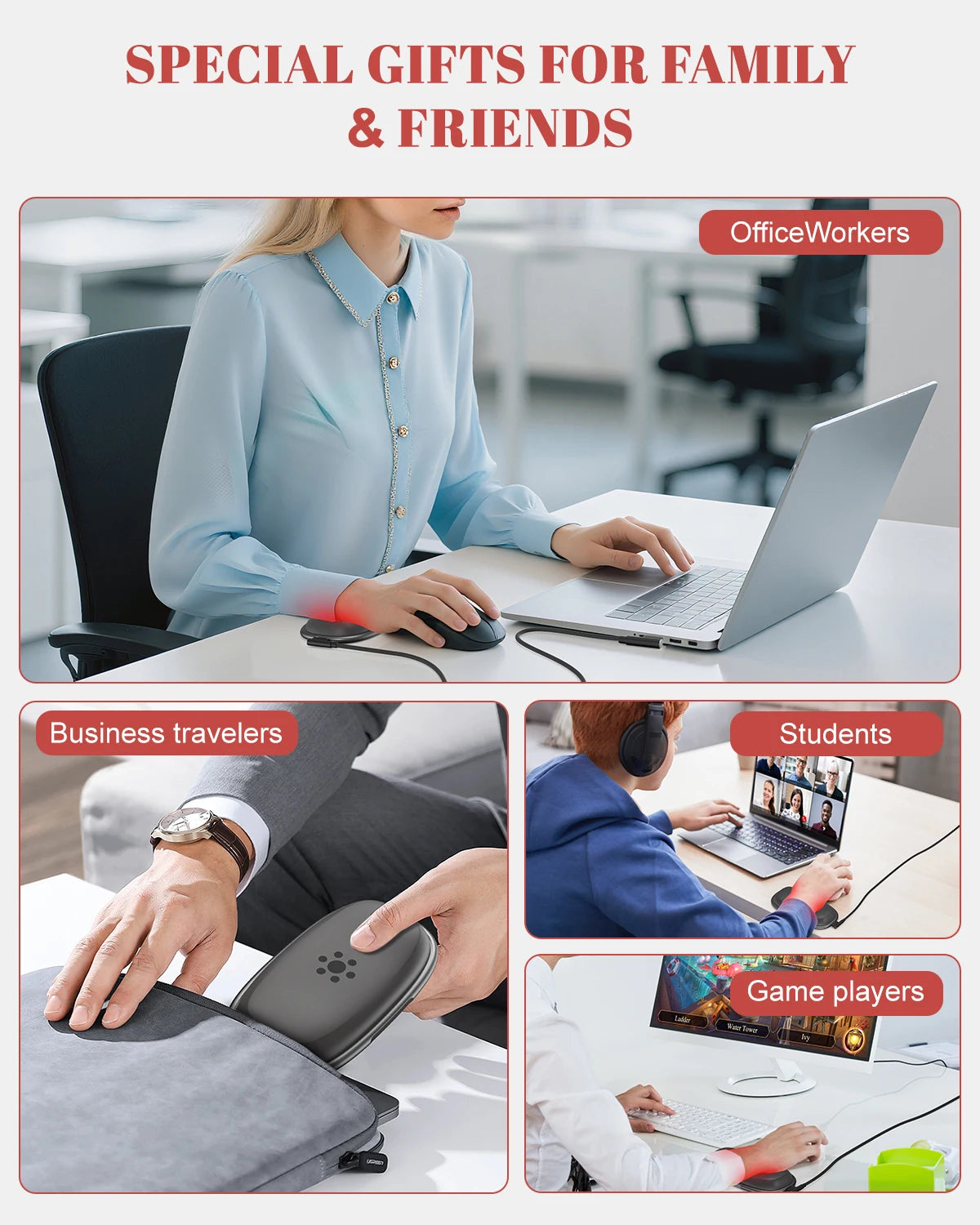 Red Light Therapy Wrist Rest for Mouse & Keyboard, 660nm 850nm Infrared Ergonomic Silicone Pad for Tenosynovitis Relief