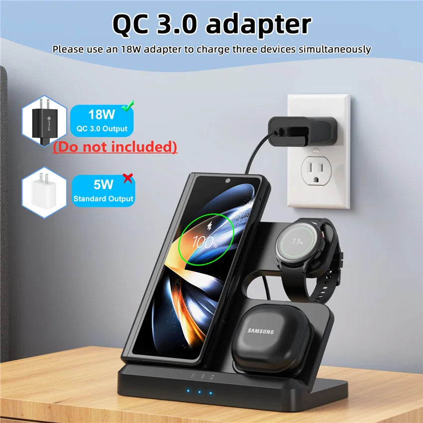 3-in-1 Wireless Charger Stand for iPhone 15/14/13, Samsung S22/S21, Galaxy Watch & Buds