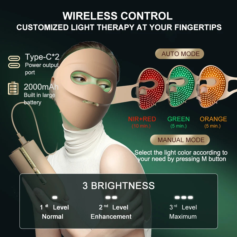 Infrared LED Face & Neck Mask - 676 Beams Red & Green Light Therapy for Dark Spots & Anti-Aging