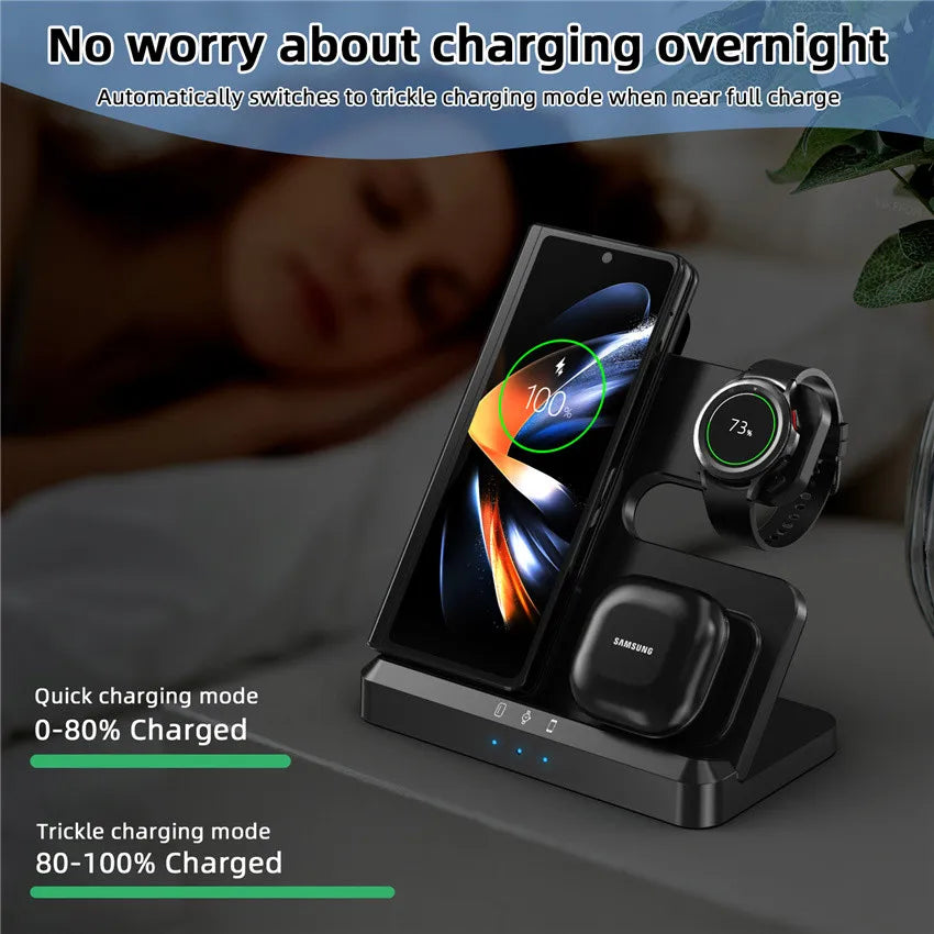 3-in-1 Wireless Charger Stand for iPhone 15/14/13, Samsung S22/S21, Galaxy Watch & Buds