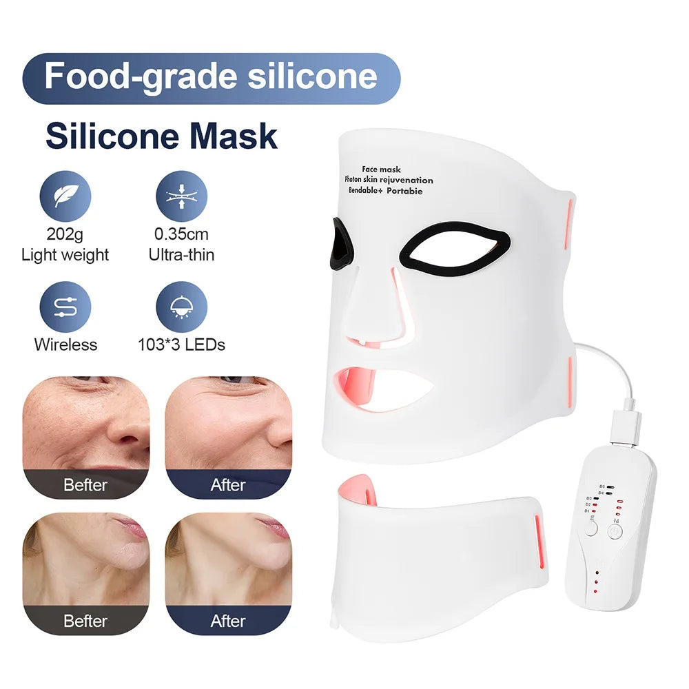 7-Color Wireless Silicone LED Mask for Face & Neck - 309 Light Beams Red Light Therapy for Anti-Aging