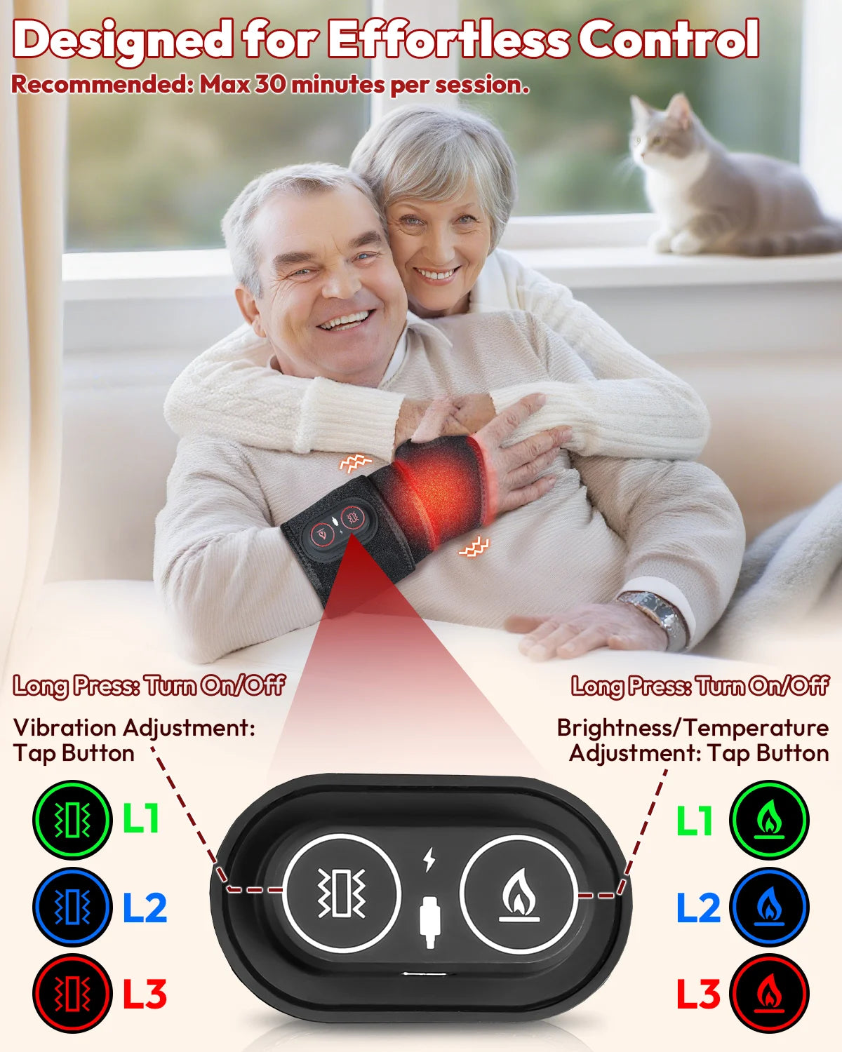 Cordless Red Light Therapy Wrist Wrap, 36 LEDs 660nm 850nm Infrared Heated Massager for Arm Knee Pain Relief (3000mAh)