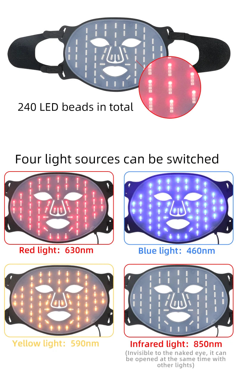 4-Color Silicone LED Face Mask, 850nm Near-Infrared & Red Light Therapy Device, 3000mAh Rechargeable Beauty Mask (240 LEDs)