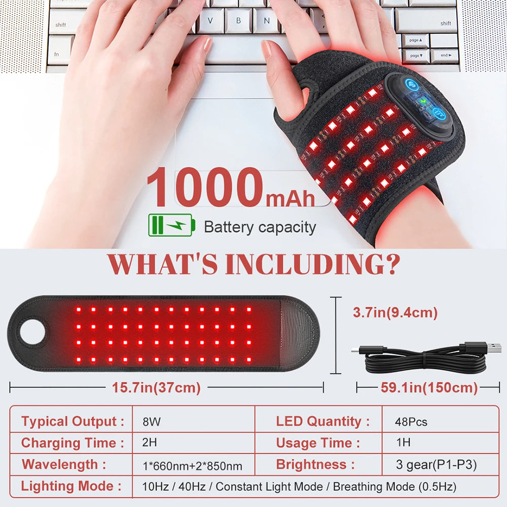 Wireless Red Light Therapy Wrist Strap, 660nm 850nm Infrared Wrap for Pain Relief, Tenosynovitis & Ankle Care (48 LEDs)