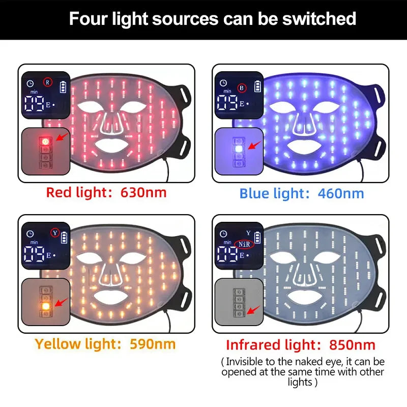 Wireless Red & Near Infrared LED Light Therapy Face Mask - 4-Color, 240 LEDs - Anti-Aging & Acne Treatment for Home Use