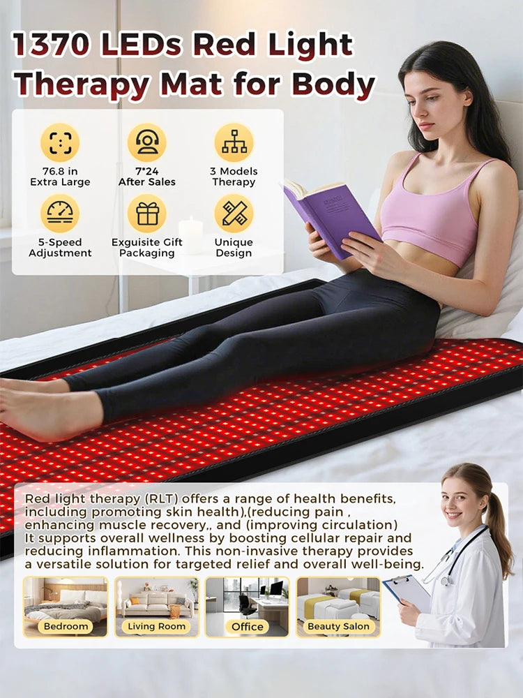 1370 LEDs Professional Red Light Therapy Pad, 660nm 850nm Infrared Body Mat for Full Body Pain Relief & Recovery