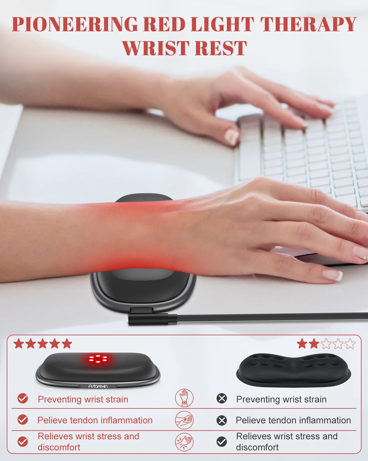 Red Light Therapy Wrist Rest for Mouse & Keyboard, 660nm 850nm Infrared Ergonomic Silicone Pad for Tenosynovitis Relief