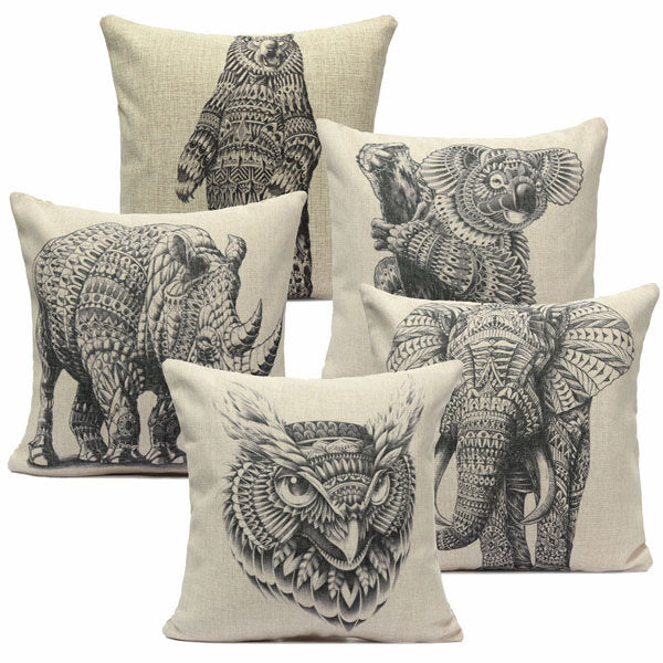 Cotton Linen Animal Pattern Throw Pillow Case for Sofa and Bed Cushion Cover