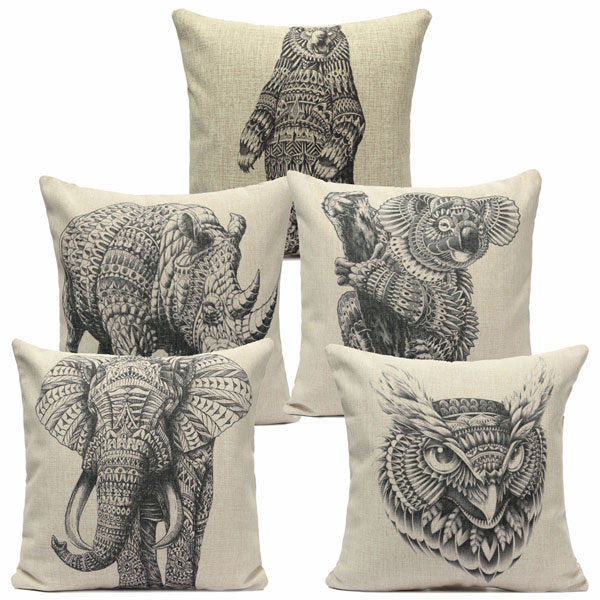 Cotton Linen Animal Pattern Throw Pillow Case for Sofa and Bed Cushion Cover