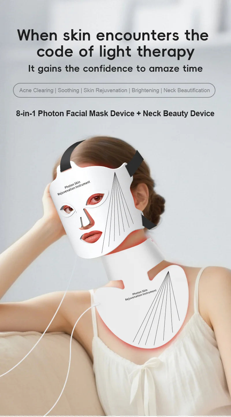 8-Color LED Face & Neck Light Therapy Mask - Professional Red Light & NIR Therapy for Anti-Aging