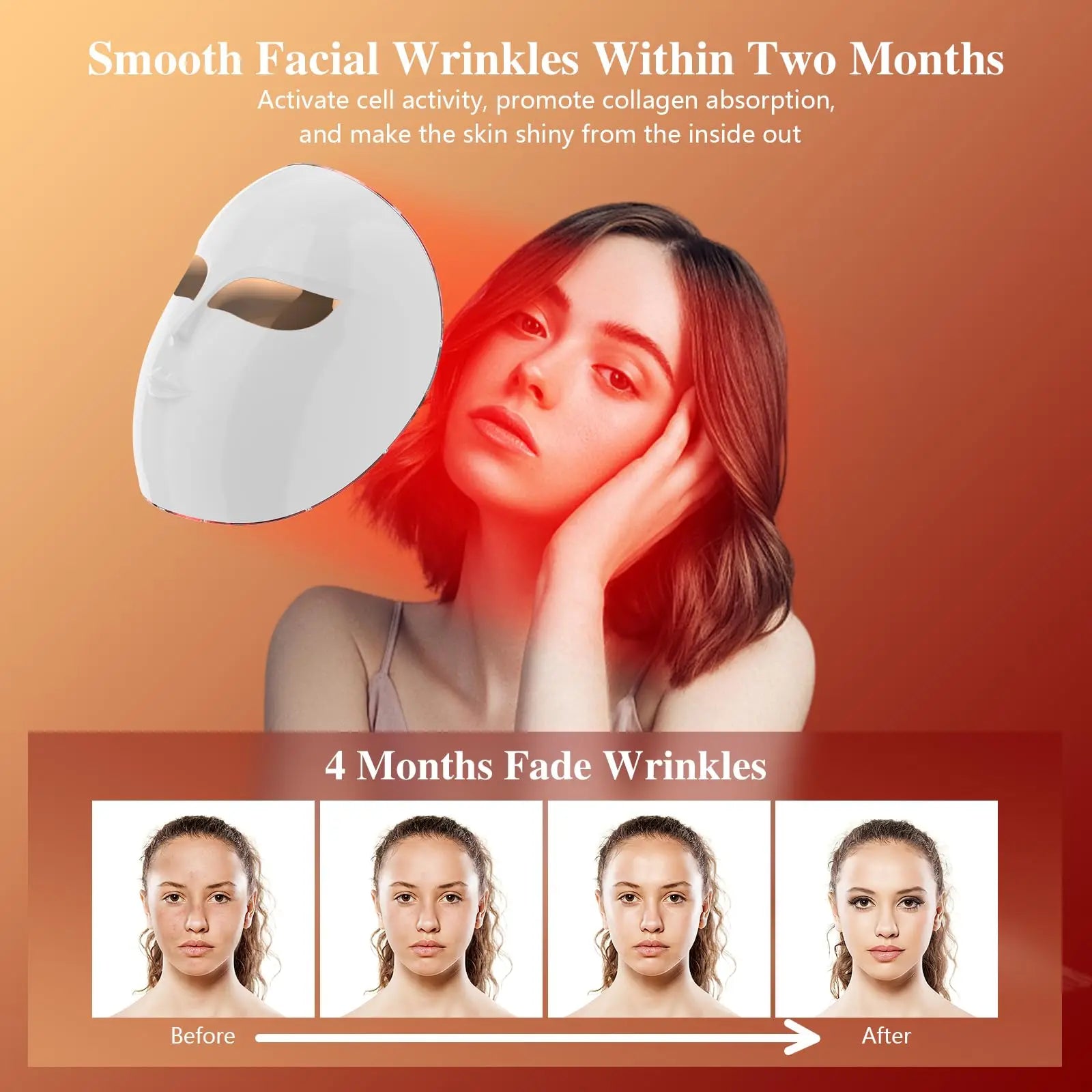 Wireless 3-Color LED Light Therapy Face Mask - Anti-Aging, Acne Treatment & Skin Brightening Device - 1200 Lamp Beads for Home Use