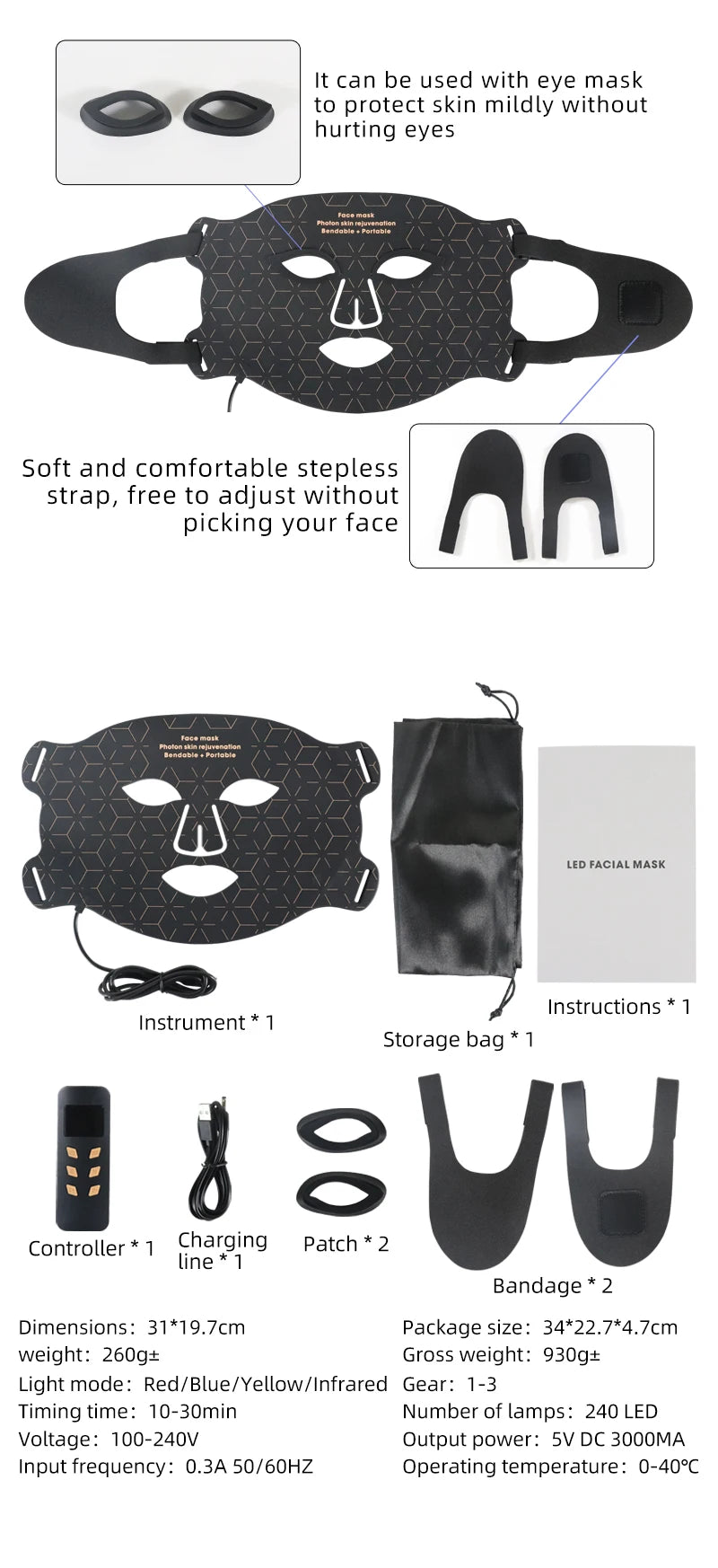 4-Color Silicone LED Face Mask, 850nm Near-Infrared & Red Light Therapy Device, 3000mAh Rechargeable Beauty Mask (240 LEDs)
