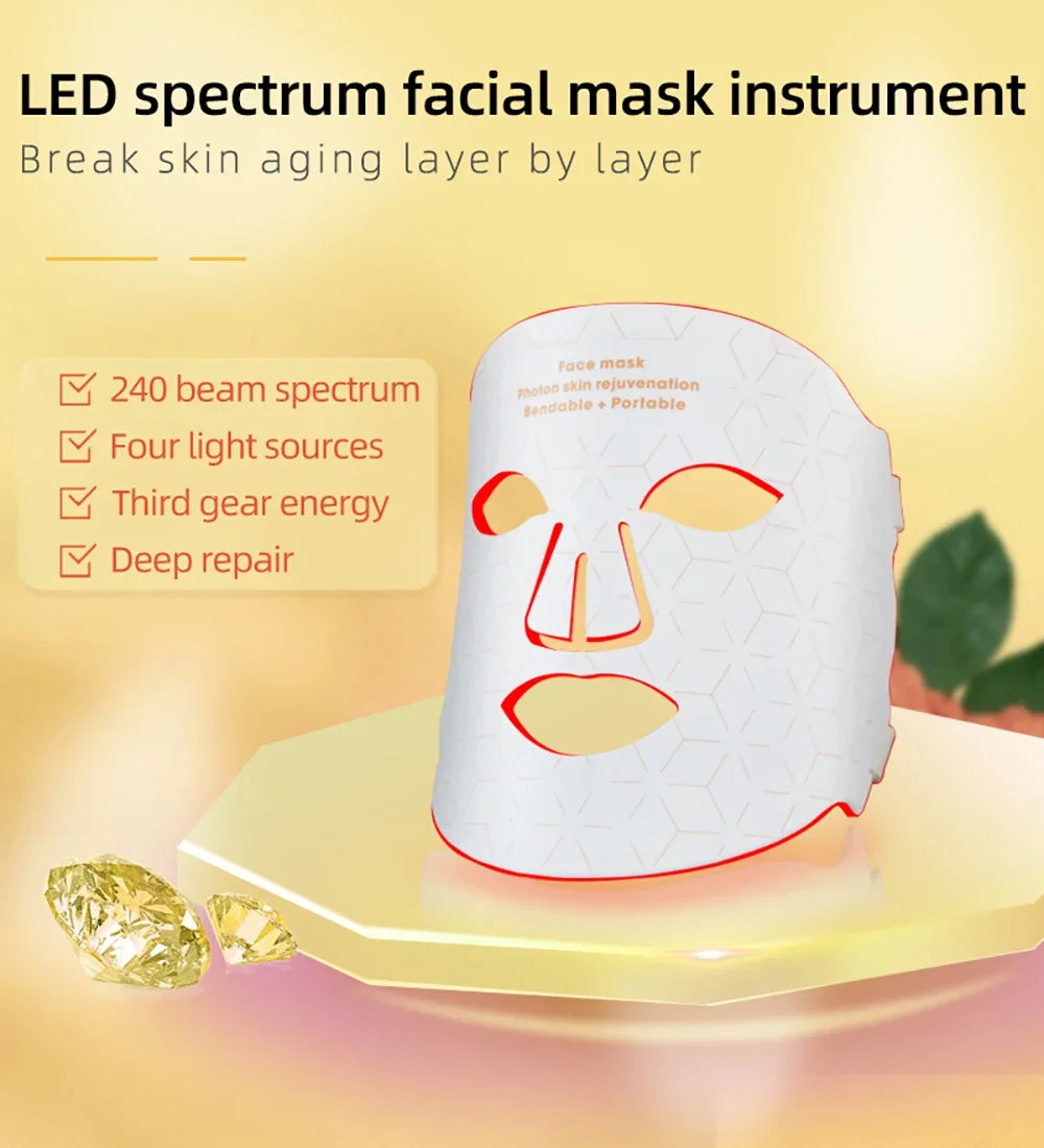 4-Color LED & Near Infrared Silicone Face & Neck Mask - Anti-Aging, Rejuvenation & Skin Repair for Home SPA