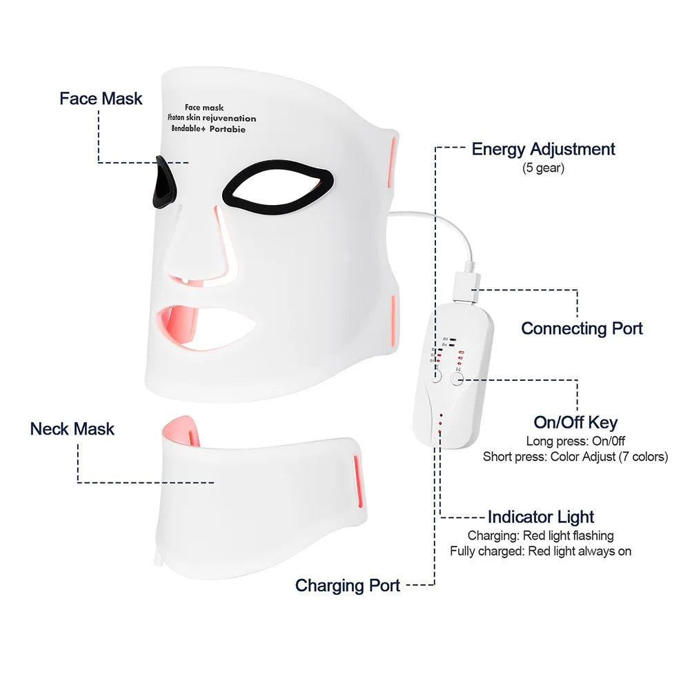 7-Color Wireless Silicone LED Mask for Face & Neck - 309 Light Beams Red Light Therapy for Anti-Aging