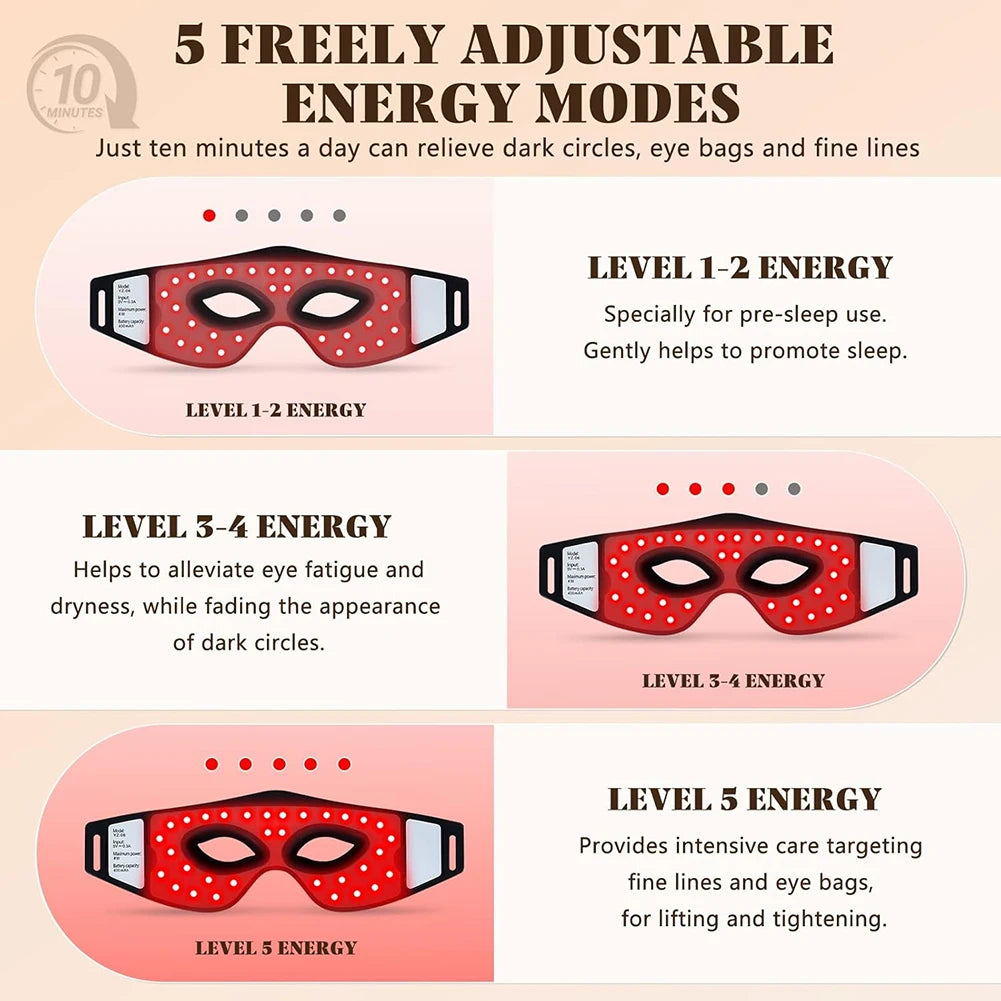 Red Light Therapy Eye Mask (630NM 850NM LED) - 5 Modes Massager for Eye Bags, Dark Circles, Puffiness & Fine Lines