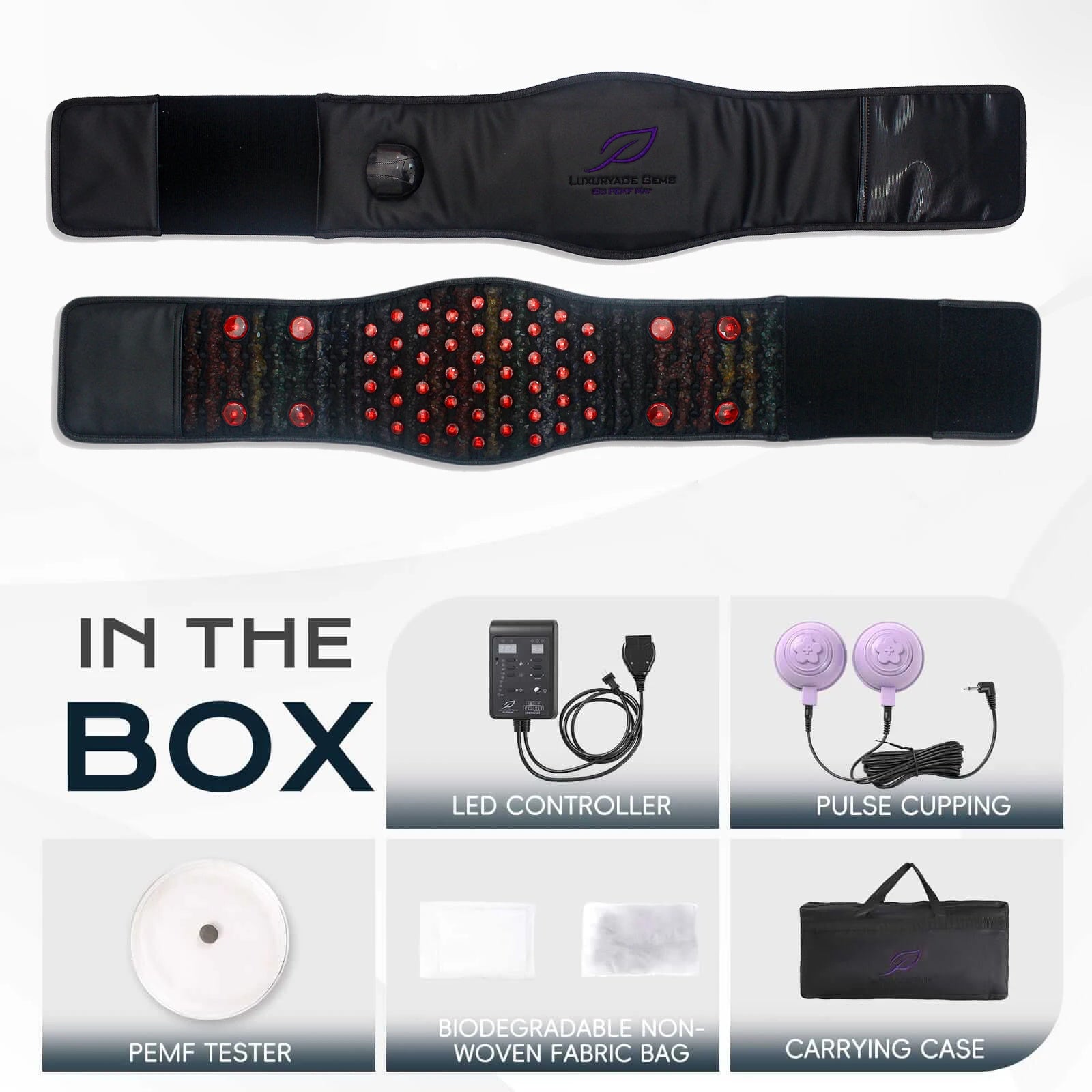 PEMF Infrared Waist Wrap Belt 24x140cm | Amethyst & 8 Crystal Gemstones | 54-LED Red Light 660nm/850nm | Heating Back Massage Belt