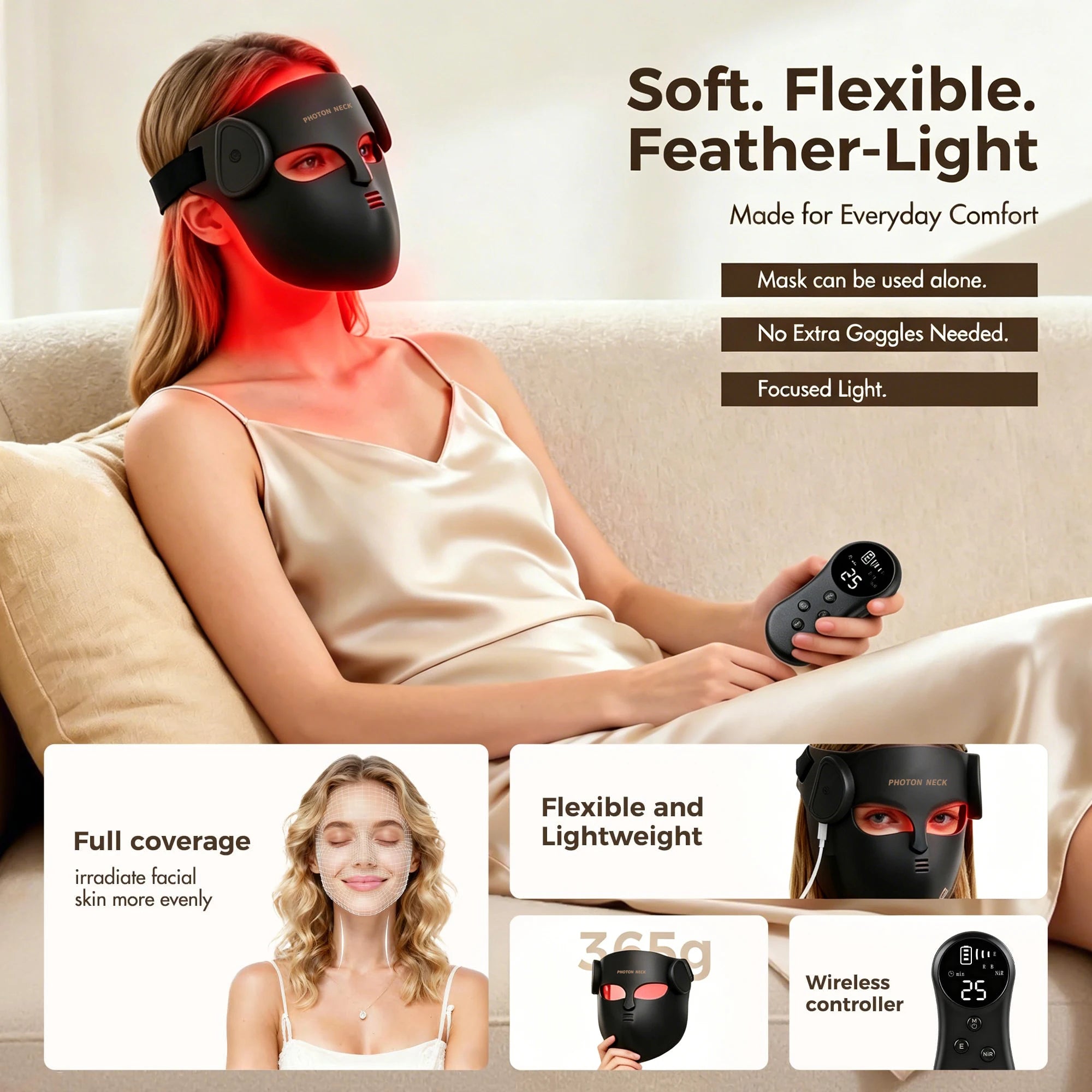 8-Color LED & Near Infrared Light Therapy Face & Neck Mask - Silicone Anti-Aging, Acne & Wrinkle Reduction Device