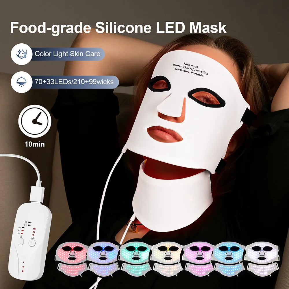7-Color Wireless Silicone LED Mask for Face & Neck - 309 Light Beams Red Light Therapy for Anti-Aging