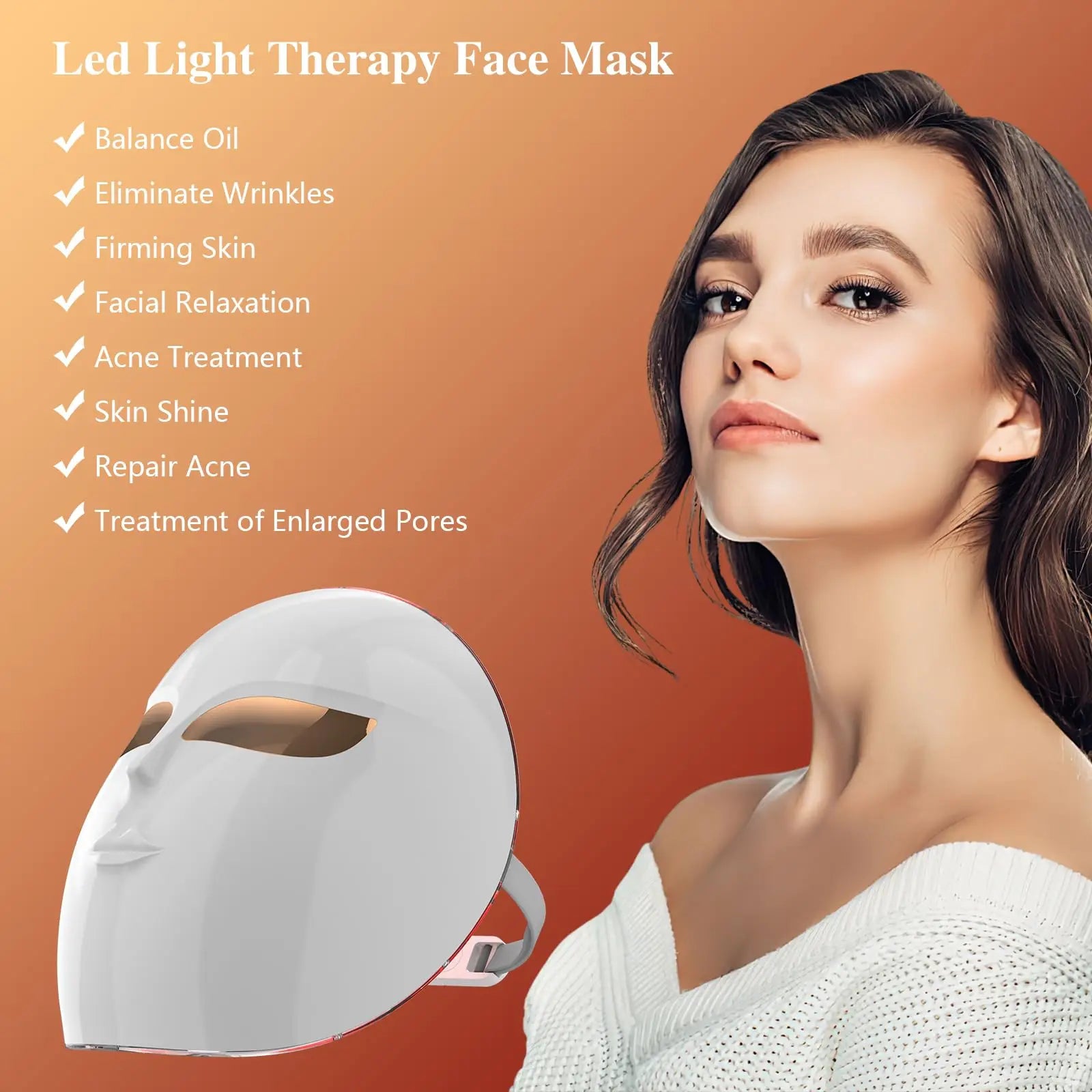 Wireless 3-Color LED Light Therapy Face Mask - Anti-Aging, Acne Treatment & Skin Brightening Device - 1200 Lamp Beads for Home Use