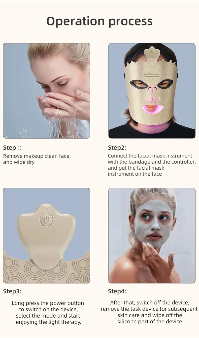 4 Colors Silicone LED Face Mask LED Red Light Photon Infrared Therapy Flexible Facial Mask Repair Skin Brighten Skin Tone