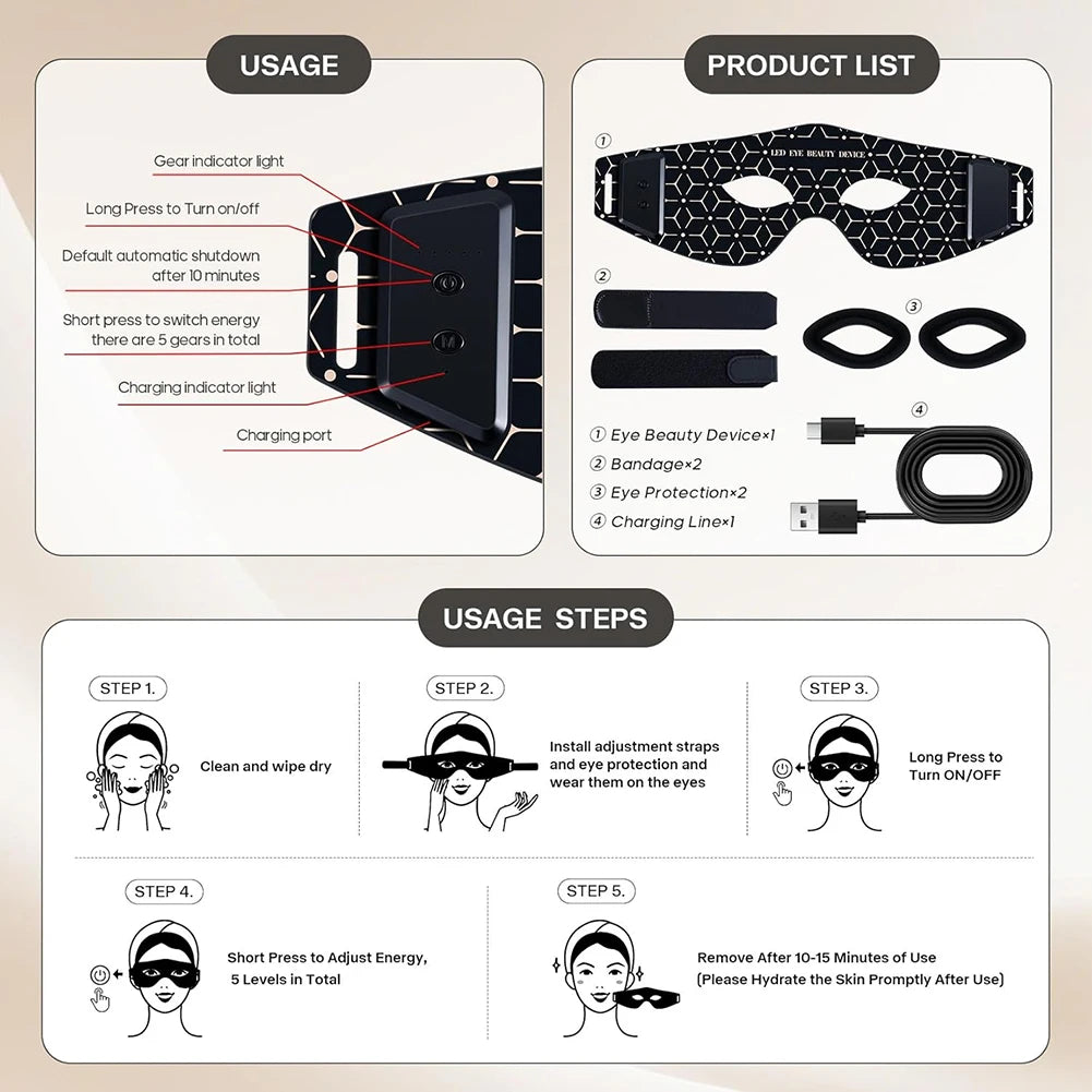 Red Light Therapy Eye Mask (630NM 850NM LED) - 5 Modes Massager for Eye Bags, Dark Circles, Puffiness & Fine Lines
